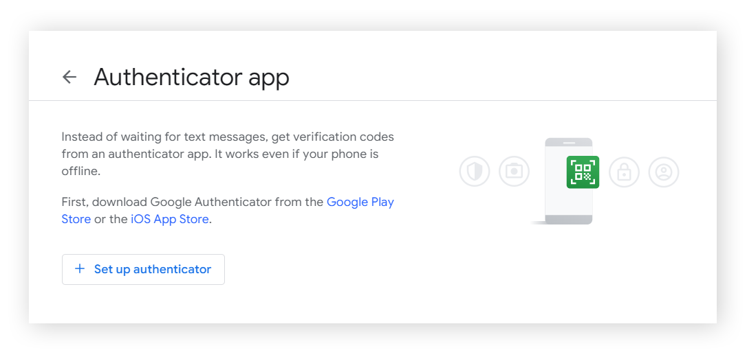Google 帐户中的身份验证器应用设置屏幕